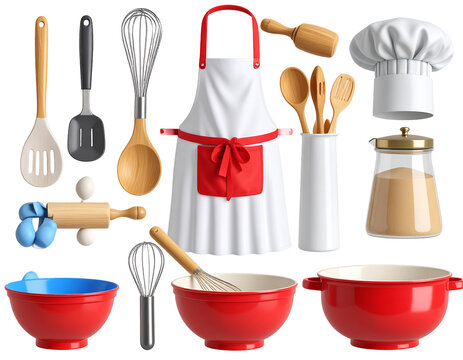 Red & white kitchenware, apron, chef's hat, bowls, whisks, spoons, rolling pin