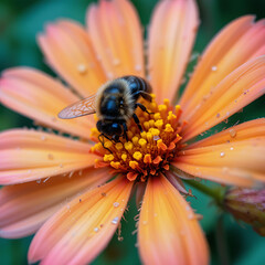 A beautiful yellow daisy blossom hosts a busy honeybee, a close-up of nature's summer insect beauty