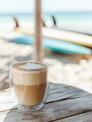 Glass cup of coffee on a wooden table with a blurred background of a beach scene. the cup is filled with a light brown liquid, possibly coffee, and has a latte art design on top.