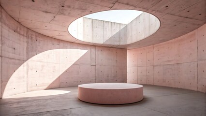 Contemporary concrete interior featuring a circular room and overhead natural lighting