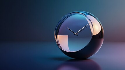 A modern spherical glass clock with a glossy finish on a reflective surface.