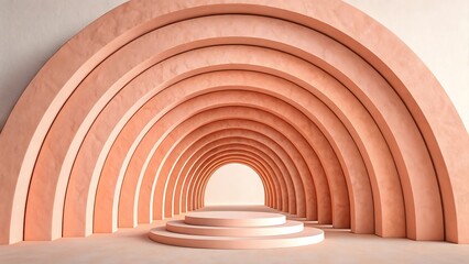 Fototapeta premium Elegant peach colored architectural archway design with a central stage for product display or presentation