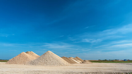Conical Piles of Sand and Gravel on Empty Ground Under Clear Blue Sky with Minimal Clouds