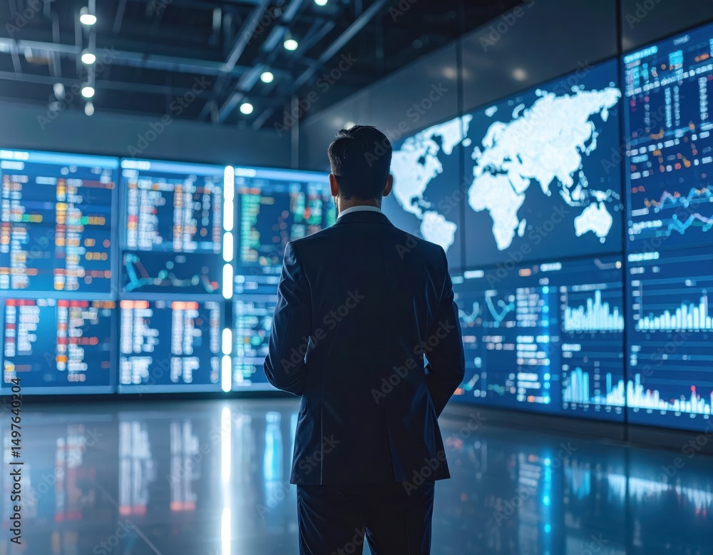 Poster businessman in dark suit standing before large digital screens displaying global market data and wor