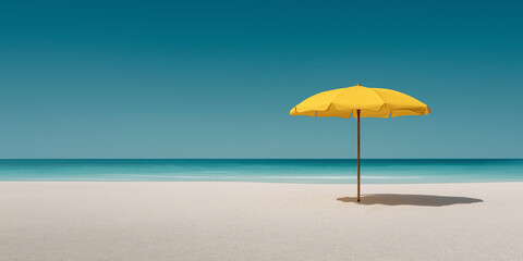 Solitary Yellow Beach Umbrella on Pristine Sandy Shore with Clear Blue Sky