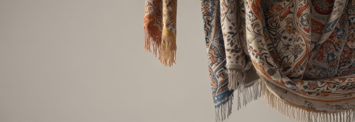 Bold patterned scarf draped on neutral backdrop, clothing, outfit, avant-garde