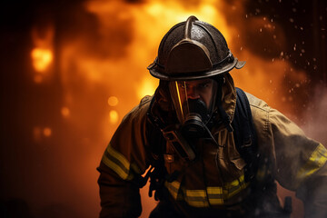 Fototapeta premium Firefighter in full gear and respirator emerging from an intense blaze with determination