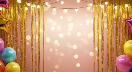 Festive Birthday Party Background Gold, Pink, Balloons