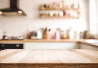Wooden countertop with a blurred modern kitchen background, featuring shelves and kitchenware in warm, natural lighting.
