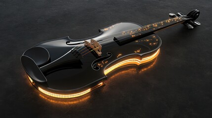 Modern black violin with glowing edges on a dark textured background.