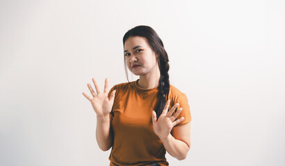 Asian girl expresses dislike, person express negative feeling, concept business complaint from...