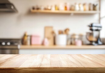 Wooden countertop with a blurred modern kitchen background, featuring shelves and kitchenware in warm, natural lighting.