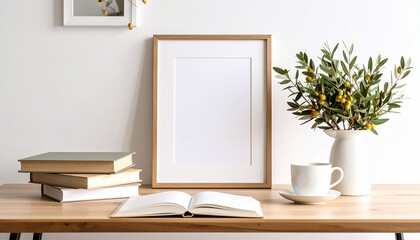 Cozy Breakfast Still Life with Coffee, Books, and Empty Picture Frame on Wooden Table