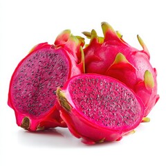 Close up of dragon fruit, whole and halved, vibrant color, isolated on white background