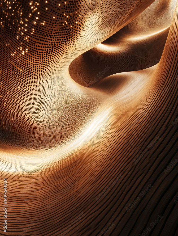 Poster abstract golden texture with flowing curves and dotted light pattern