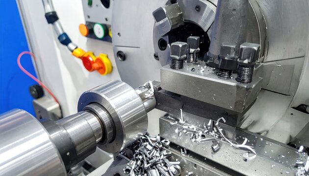Close-up of CNC lathe machine cutting metal workpiece with swarf visible