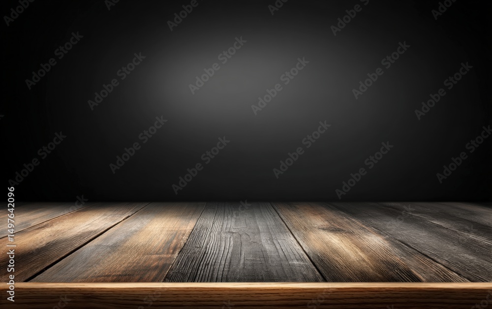 Poster empty wooden table with a dark gradient background, perfect for product display or presentation mock
