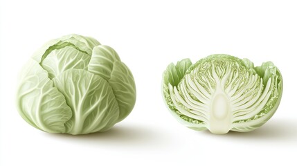 Fototapeta premium Two cabbages, one whole and one cut in half, on a stark white background.