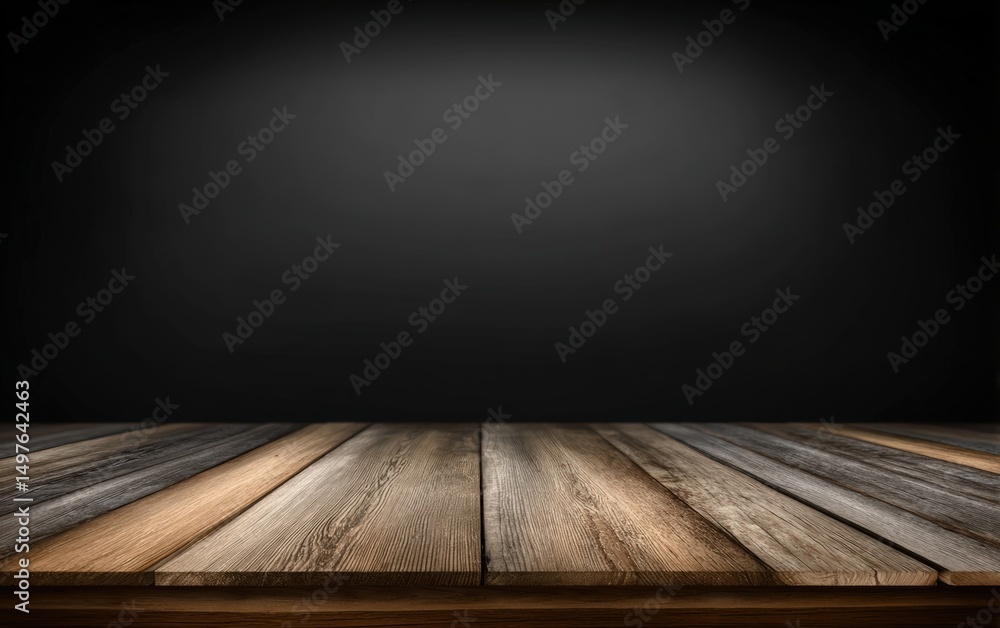 Poster empty wooden table with a dark gradient background, perfect for product display or presentation mock