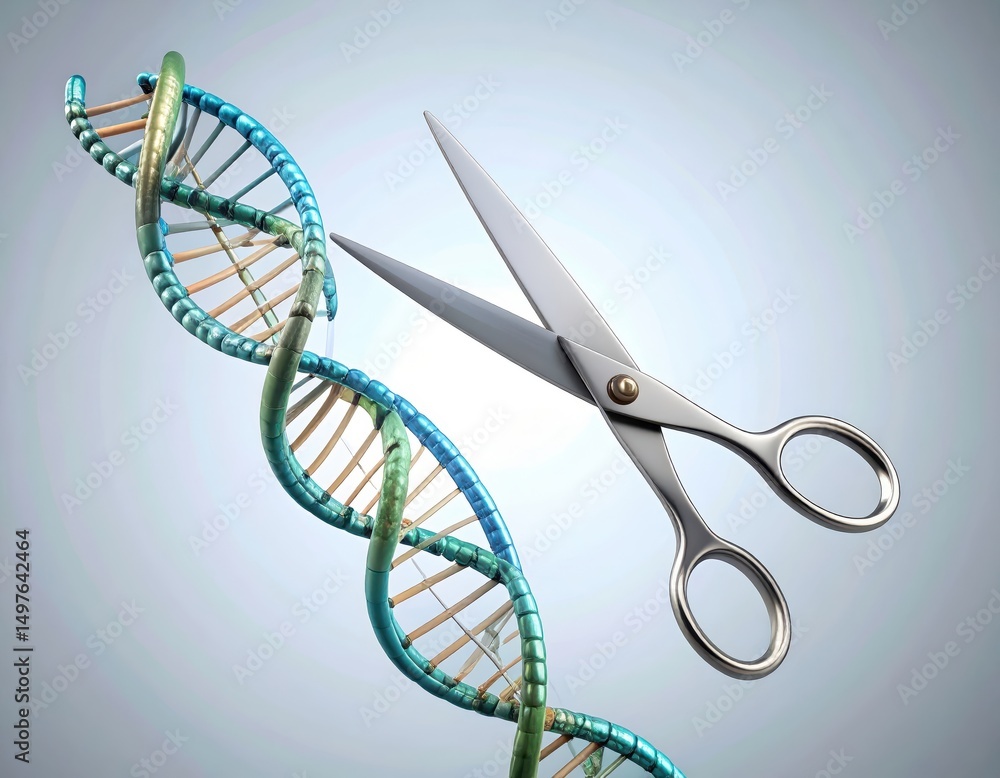 Poster scissors severing a dna double helix against a light gray background.