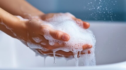 Fototapeta premium Close-Up of Hands Washing with Soap in a White Sink