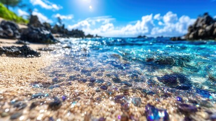 Tropical beach shoreline, clear turquoise water, sunny day