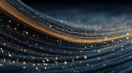 A luxurious navy blue Christmas background with sparkles, gold ribbon  across the frame, and small gold stars 