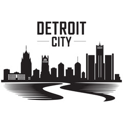 Obraz premium Detroit City skyline horizontal banner. Black Detroit City, Michigan. Vector template for your design. Vector black silhouette. with white background