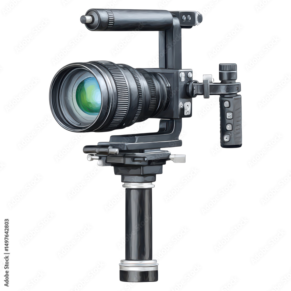 Poster high-resolution professional camera with stabilizer and zoom lens, isolated on transparent backgroun