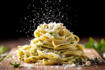 Traditional Italian pasta with pesto sauce and parmesan cheese, served on wooden board