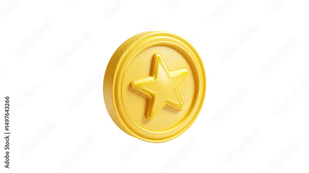 Poster a single golden coin with a star emblem on a black background in a digital rendering style