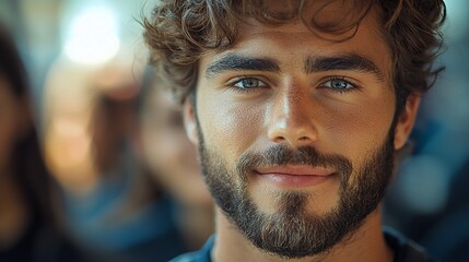 Obraz premium Close-up portrait of a young man with curly brown hair, a beard, and striking blue eyes. He has a gentle, pleasant expression