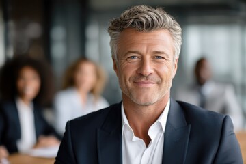 Fototapeta premium Confident businessman leading meeting in modern office, smiling and standing at head of table