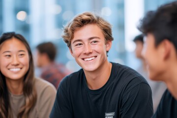 Group of young adults smiling and interacting in bright modern indoor space with large windows