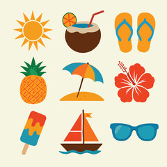 Summer vacation icons in a flat lay