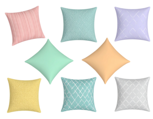 Eight pastel throw pillows in various textures and patterns