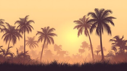 Digital illustration depicts palm trees silhouetted against a hazy, golden sunset landscape.