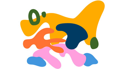 Blobby abstract shapes in orange, pink, blue, and dark green on a white background, suggesting organic forms or puzzle pieces.