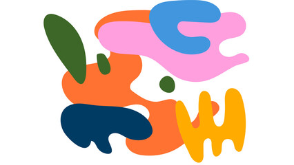 Blobby abstract shapes in orange, pink, blue, dark green, and yellow, creating a dynamic, playful composition on a white background.