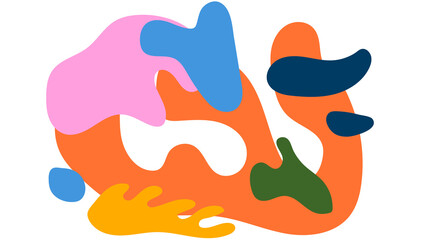 Abstract blobby shapes in orange, pink, blue, dark green, and yellow, interlocking or layered, on a clean white background.