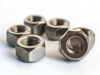 A set of steel nuts, isolated on a white surface, with threaded interior and smooth exterior, no shadow.