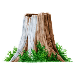 Detailed Illustration of a Weathered Tree Stump Surrounded by Green Foliage, isolated on transparent background.