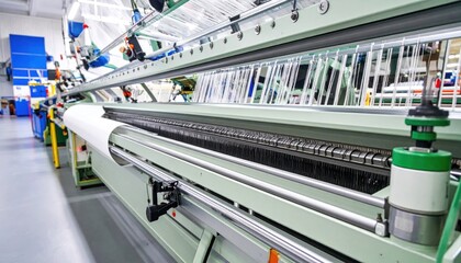 Close-up of Industrial Textile Loom Weaving Fabric in a Manufacturing Plant