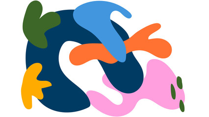 Obraz premium Dynamic arrangement of colorful abstract blobby shapes in dark blue, blue, orange, pink, yellow, and green, on a white background.