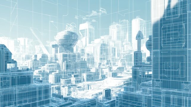 A cityscape wireframe, architectural blueprint with buildings in futuristic style.