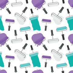 A seamless pattern of paint rollers with bright purple, gray and turquoise paint, which is ideal for creative decoration of fabric or wallpaper.