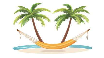 A serene illustration of a tropical beach with two palm trees supporting a hammock over the sand and a strip of blue water.
