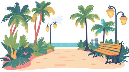 Obraz premium A tropical scene shows a bench, street lamps, and palm trees along a seaside path. 