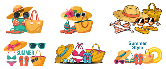 Summer fashion accessories collection isolated on transparent background