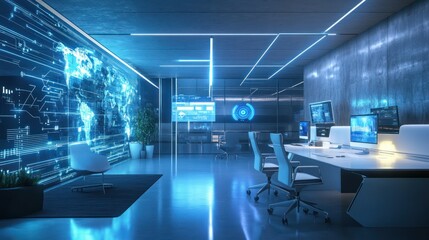 Futuristic office space with technology displays and modern design elements.